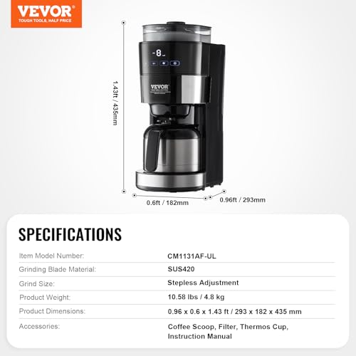 VEVOR Coffee Maker with Grinder, 8 Cup Programmable Coffee Machine, Grind and Brew Coffee Maker with 3 Brew Strength Control, Reusable Filter, Removable Water Tank, for Home Office Restaurant