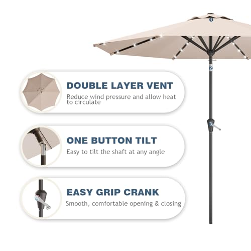 Tobeos 9FT Patio Umbrella with Solar Lights,Outdoor Market Umbrella with Tilt and Crank, LED Lighted Table Umbrella for Garden,Deck,Backyard,Pool,Beach (Beige)