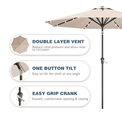 Tobeos 9FT Patio Umbrella with Solar Lights,Outdoor Market Umbrella with Tilt and Crank, LED Lighted Table Umbrella for Garden,Deck,Backyard,Pool,Beach (Beige)