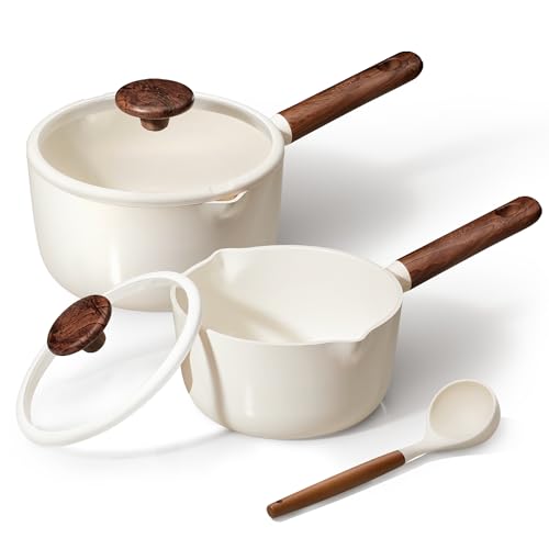 CAROTE 2QT & 3QT Sauce Pan Sets with Lid & Ladle Ceramic Nonstick Pot Set Non Toxic Saucepan Small Kitchen Cooking Pots, Easy to Clean, Induction Comptable, PFAS PTFE Free, White
