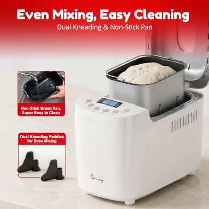 Davivy Bread Maker Machine 3LB with 2 Dough Kneading Paddles,15-in-1 Automatic Large Capacity Bread Machine Nonstick Bowl For Bread, Jam& Yogurt, 3 Loaf Sizes and 3 crust settings（silver，1.5kg）