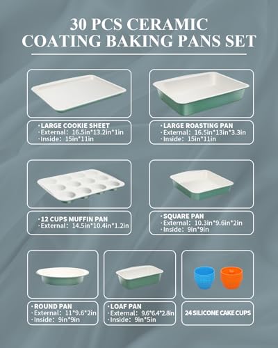 Ymiton Ceramic Nonstick Baking Pans Set, Non Toxic 30 PCS Stackable Bakeware Sets, 550°F Oven Safe Baking Sheet & Pans, Warp-Free, Dishwasher Safe, PTFE/PFOA/PFOS-Free (Green)