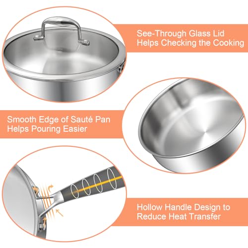 EWFEN 12 Inch Tri-Ply Stainless Steel Frying Pan, Compatible with All Cooktops Up to 600℉, Large Frying Pan with lids, Induction-Ready Skillet, Dishwasher and Oven Safe, Even Heat, 12" Saute Pan+Lid