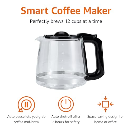 Amazon Basics 12 Cup Drip Coffee Maker with Glass Carafe (1.9 Qt), Auto Shut-off, Auto Pause, Removable Filter Basket, Black & Silver