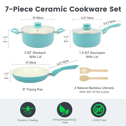 M MELENTA Pots and Pans Set, 7 Piece Nonstick Ceramic Cookware Set, Kitchen Induction Cookware Sets, Pots and Pans Non Stick with Stay Cool Handle, 100% PFOA Free, Turquoise