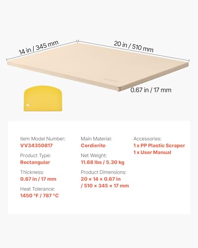 VEVOR Pizza Stone, 20 x 14 x 0.67 in Rectangular Pizza Stone, Extra Large Baking-Stone with Scraper, 1450℉ Heat-Resistant Cordierite, for Oven, BBQ Griller, Baking Bread & Pizza
