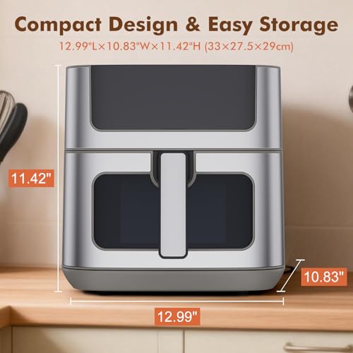 Sweetcrispy 6.34QT Air Fryer, 8-in-1 Air Fryers Oven with Visible Window, 400℉ Fast Heating, Nonstick Dishwasher-Safe Basket, Timer & Auto-Off, Stainless Steel, Grey