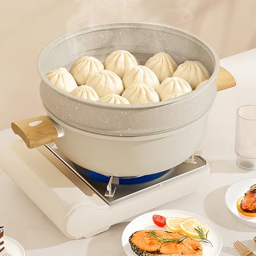 WUWEOT 4 Qt Ceramic Stock Pot, Nonstick Soup Pot, Non-toxic Healthy Cooking Cookware, Multipurpose Dutch Oven with Steamer Basket and Wooden Handle, Universal Base (Gas, Electric & Induction)