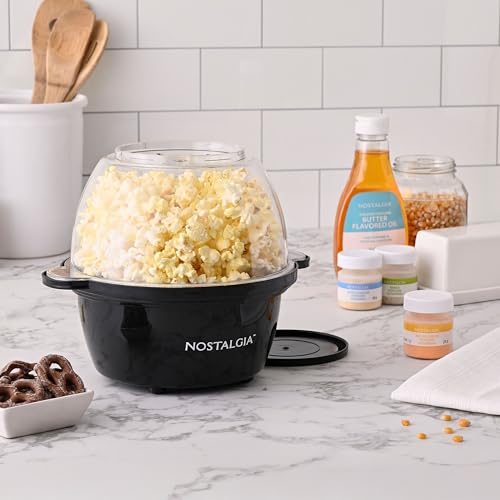 Nostalgia Classic Electric Stirring Popcorn Maker, Makes 8 Cups, Large Lid Doubles as Serving Bowl, Quick Heat Technology, for Kettle Corn and Roasted Nuts, Black