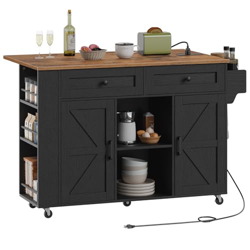 HOOBRO Kitchen Island on Wheels, Kitchen Storage Island with Power Outlet & Drop Leaf, Island Table with Open Shelves, 2 Drawers, for Kitchen, Rustic Brown and Black BF35UZD01