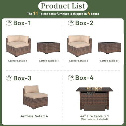 Aoxun 11 Piece Patio Furniture Set with 44" Fire Pit Table Wicker Rattan