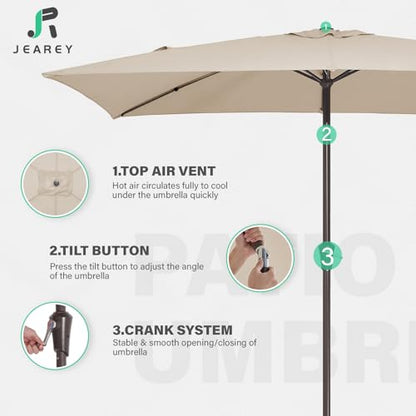 JEAREY 6.5x10 ft Rectangular Patio Umbrellas Rectangle Outdoor Umbrella with Push Button Tilt and Crank, Market Table Umbrella 6 Sturdy Ribs UV Protection for Poolside Garden Backyard Deck, Beige