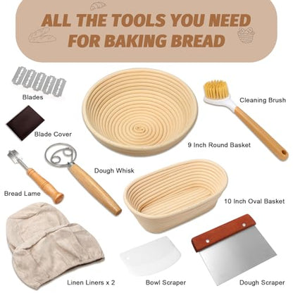 Sourdough Proofing Basket Gift Set, 9" Round and 10" Oval Banneton Bread Baking Supplies, Sourdough Baskets with Bread Lame, Danish Whish, Bowl Scraper, Sourdough Scraper, and Linen Liner