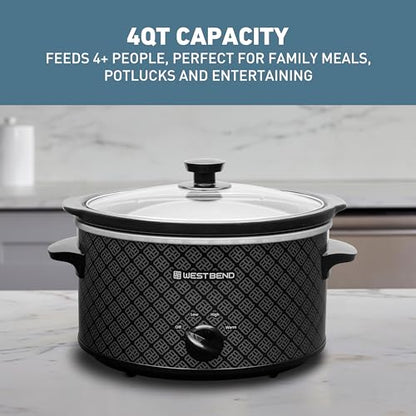 West Bend Slow Cooker 4-Quart Manual Crockery Style with Dishwasher Safe Oval Ceramic Crockpot and Glass Lid Two Temperature Settings Plus Keep Warm, 210-Watts, Black