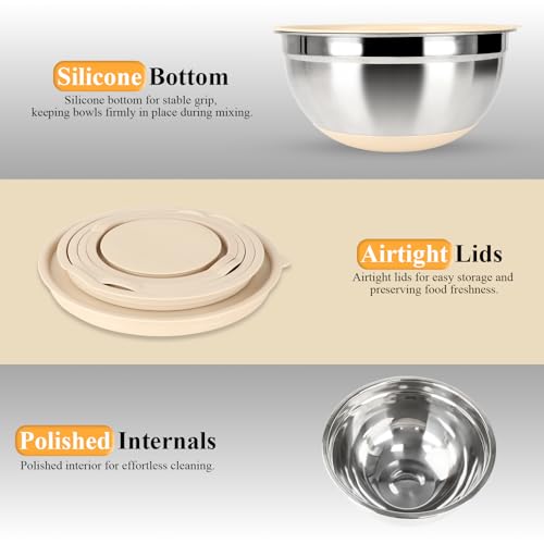 Mixing Bowls with Airtight Lids Set, 20 PCS Kitchen Gadgets Set, 6 Stainless Steel Bowls,3 Grater Attachments,Non-Slip Silicone Bottoms,Great for Serving&Baking,Size 5, 4, 3.5, 2.1, 1.5, 1.1QT (Khaki)