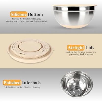 Mixing Bowls with Airtight Lids Set, 20 PCS Kitchen Gadgets Set, 6 Stainless Steel Bowls,3 Grater Attachments,Non-Slip Silicone Bottoms,Great for Serving&Baking,Size 5, 4, 3.5, 2.1, 1.5, 1.1QT (Khaki)