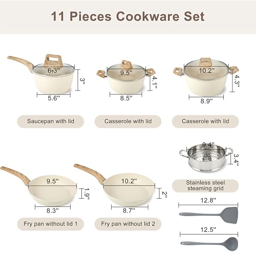 FAB&DELUXE 11Pcs Nonstick Cookware Set, Aluminum Nonstick Pots and Pans with Lids & Wooden Handles, Silicone Spoons & Spatulas, Non-toxic Healthy Kitchen Cooking Sets, PFAS & PFOA Free