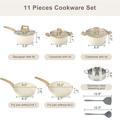 FAB&DELUXE 11Pcs Nonstick Cookware Set, Aluminum Nonstick Pots and Pans with Lids & Wooden Handles, Silicone Spoons & Spatulas, Non-toxic Healthy Kitchen Cooking Sets, PFAS & PFOA Free