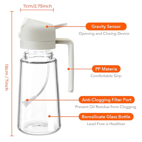 YARRAMATE 16oz/470ml Glass Olive Oil Sprayer for Cooking with Stickers, 2 in 1 Oil Dispenser for Kitchen Gadgets, Food Grade Premium Spray Bottle for Salad, Frying, BBQ (Creamy White)