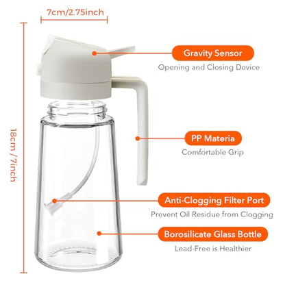 YARRAMATE 16oz/470ml Glass Olive Oil Sprayer for Cooking with Stickers, 2 in 1 Oil Dispenser for Kitchen Gadgets, Food Grade Premium Spray Bottle for Salad, Frying, BBQ (Creamy White)