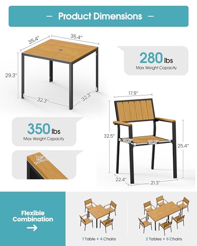 Aluminum Outdoor Dining Set, Patio Square Table and Stackable Chairs, Teak