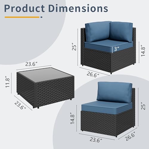 SUNLEI 5 Piece Patio Furniture Set, Outdoor Rattan Sectional Sofa with Coffee Table, Low-Back Modular Patio Conversation Set with Washable Cushions, Black Rattan, Aegean Blue