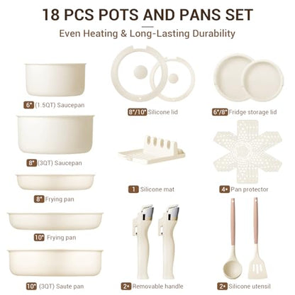 Ammeloo 18-Piece Ceramic Pots and Pans Set Non Stick, Non Toxic Cookware Set with Removable Handles, Pot Sets for Cooking, Induction Ready, Dishwasher & Oven Safe, PFAS PFOA & PTFE Free (Cream White)