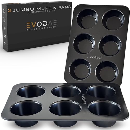 EVODAE Jumbo Muffin Pan, 2 Pack – Extra-Large Wide & Deep Cups, 12-Cup (2x6) Nonstick Carbon Steel – Texas Muffin Tin, Large Cupcake Pan – PFOA & PTFE Free, No Liners Needed, Gift Box