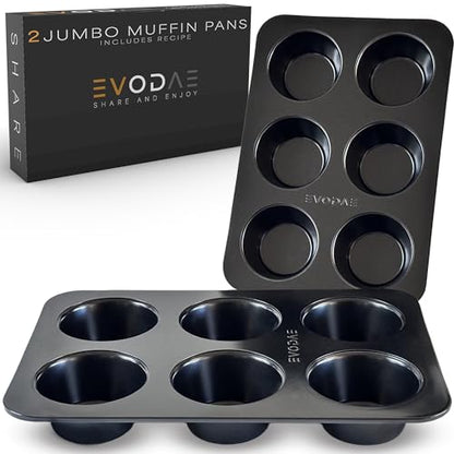EVODAE Jumbo Muffin Pan, 2 Pack – Extra-Large Wide & Deep Cups, 12-Cup (2x6) Nonstick Carbon Steel – Texas Muffin Tin, Large Cupcake Pan – PFOA & PTFE Free, No Liners Needed, Gift Box