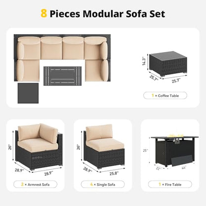 Aoxun Patio Furniture Set with Fire Pit Table, 8 Piece Outdoor Sectional Sofas, Wicker Rattan Outdoor Furniture with Thickened Cushion for Backyard, Garden Beige