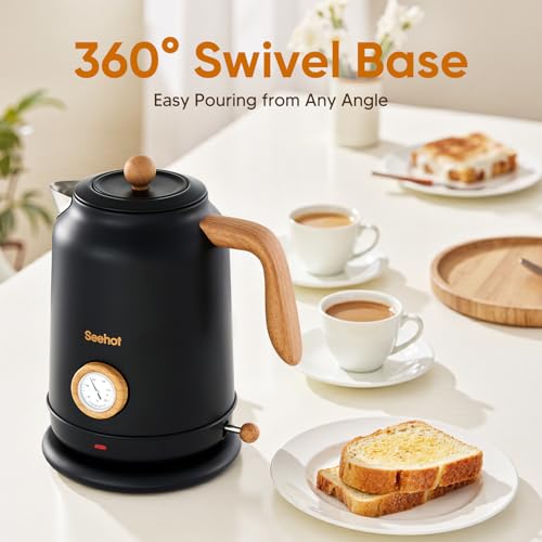 Seehot® 1.7L (57.oz) Electric Kettle with Thermometer, 1200W Large Electric Tea kettle with 304 Stainless Steel,Auto shut off,Hot water kettle Electric for Coffee&Tea-Black