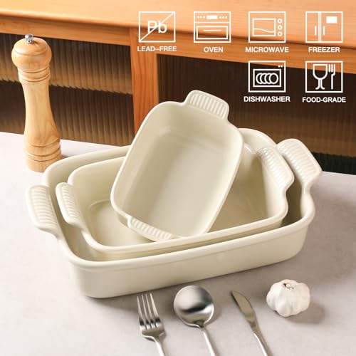 Sweejar Baking Pans Set, Ceramic 9x13 Baking Dish with Handle, Rectangular Casserole Dishes for Oven, Bakeware Sets of 3, Durable Lasagna Pan Deep for Kitchen, Banquet, Wedding Gift(Beige)