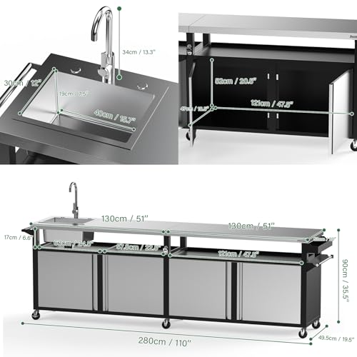 Stanbroil Rolling Outdoor Kitchen Island with Stainless Steel Table Top & Storage Cabinets, Sink&Faucet Included, Extra Large