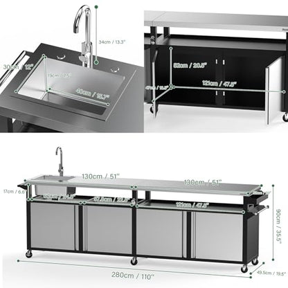 Stanbroil Rolling Outdoor Kitchen Island with Stainless Steel Table Top & Storage Cabinets, Sink&Faucet Included, Extra Large