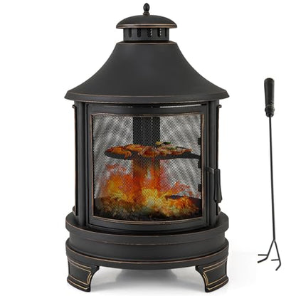 Giantex 2 in 1 Outdoor Fire Pit with Grill, 30 Inch Metal Chiminea, Wood Burning Fireplace with Chimney, Spark Screen Door & Fire Poker, Patio Firepit for Garden, Backyard, BBQ