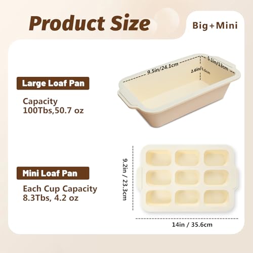 Silicone Bread Loaf Pan Set: 9.5 x 5 Inch Loaf Mold with Metal Frame and Nonstick Mini Bread Pan for Homemade - for Baking Banana Rye Cornbread Meatloaf Oven - Brownie Tray for Home Baker (Beige)