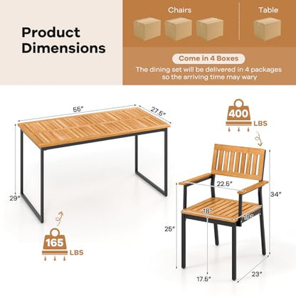 Tangkula 7 Piece Outdoor Dining Set for 6, Acacia Wood Rectangular Dining Table & 6 Armchairs w/Metal Frame, Umbrella Hole, Farmhouse Dining Furniture Set for Garden Porch Poolside Yard