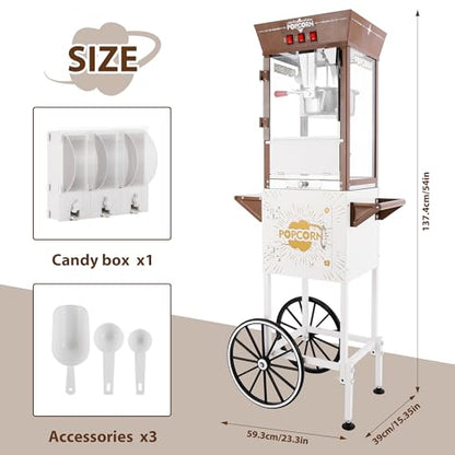 12oz Popcorn Machine Cart with Candy Dispenser, Brown Antique White
