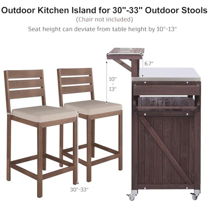 Outdoor Kitchen Island with Stainless Steel Top, 53.3" Rolling Grill Cart with Adjustable Shelves, Raised Shelf, Lockable Wheels, Portable Outdoor Table and Bar Storage Cabinet for Patio
