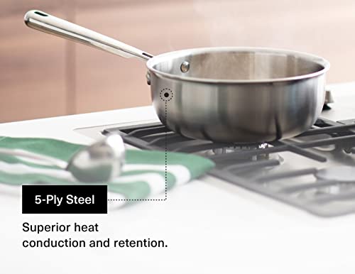 Misen 5-Ply Stainless Steel Saucier with Lid– Induction-Compatible Pan with Curved Sides for Smooth Stirring - Oven Safe to 800F – Even Heat Distribution & Ergonomic Handle - 2 QT