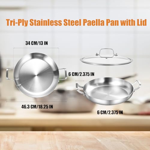 Inqibee 13 Inch Stainless Steel Paella Pan with Lid, Large Frying Pan Skillet with Double Riveted Handles, Wide Shallow Paellera for Stovetop, Induction Compatible, Oven Safe, Dishwasher Safe