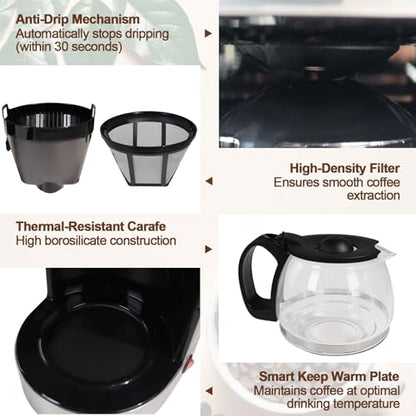 DITOSH 10 Cup Drip Coffee Maker One-Touch Anti-Drip Coffee Machine with Reusable Filter Carafe Auto Keep Warm Plate Spoon Coffee Pot Suitable for Home Use 110V