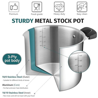 10 Quart 3-Ply Cooking Stock Pot with Lid, P&P CHEF Stainless Steel Large Pot for Pasta Soup, Work on Multi Stove, Heavy Duty & Dishwasher Safe, Dual Heat-resistant Handles & Transparent Glass Lid