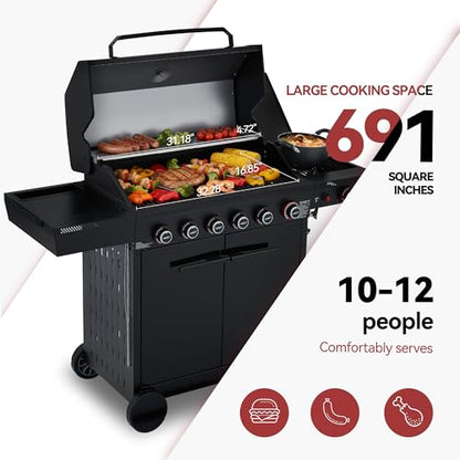 Royal Gourmet GE6001H 6-Burner Gas Grill, 72,000 BTU, 691 Sq. In. Cooking Area, with Sear and Side Burner, Side Shelf with hooks, spice basket, Movable Cabinet Style Grill for Outdoor Grilling, Black