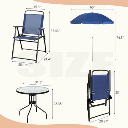 Vongrasig 6 Pieces Folding Patio Dining Set, All Weather Small Metal Outdoor Table and Chair Set, Garden Patio Furniture Set w/Umbrella, Glass Table & 4 Folding Chairs for Lawn, Backyard, Blue