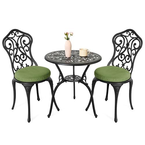 NUU GARDEN Patio 3-Piece Bistro Set with Cushions, Patio Chairs and Outdoor Round Table with Umbrella Hole, Cast Aluminum Patio Set for Lawn, Garden, Porch, Poolside, Black