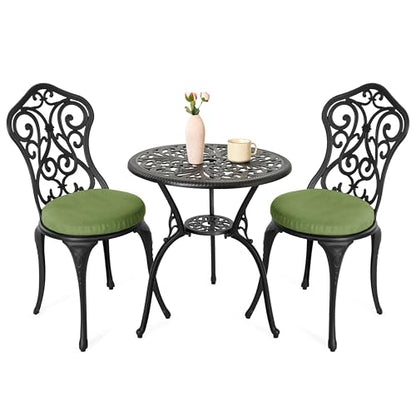 NUU GARDEN Patio 3-Piece Bistro Set with Cushions, Patio Chairs and Outdoor Round Table with Umbrella Hole, Cast Aluminum Patio Set for Lawn, Garden, Porch, Poolside, Black