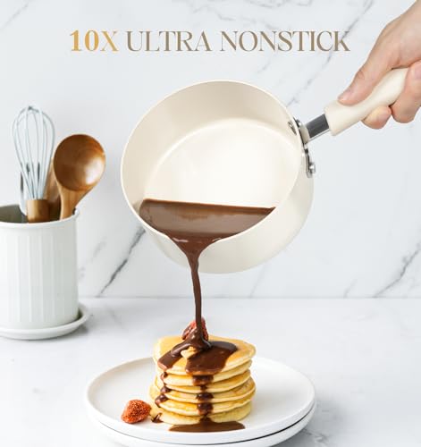 MICHELANGELO Nonstick Saucepan with Lid, Ceramic Sauce Pan Sets, Easy to Clean Sauce Pans, Multi-Purpose Cooking Pots, 1QT, White