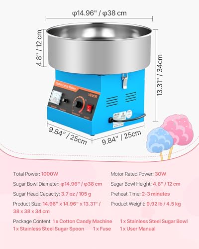 VEVOR Cotton Candy Machine Commercial, 1000W Electric Candy Floss Maker, Easy Use with 15 inch Stainless Steel Bowl and Sugar Scoop, Makes Hard Candy for Home Kids Birthday, Family Party, Blue