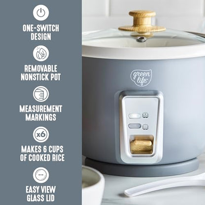 GreenLife Rice Cooker with Removable PFAS-Free Ceramic Nonstick Pot, 3-Cups Uncooked/6-Cups Cooked, Grains & Oatmeal Multicooker, Compact One-Switch Design, Auto Keep Warm, Easy Clean, Gray